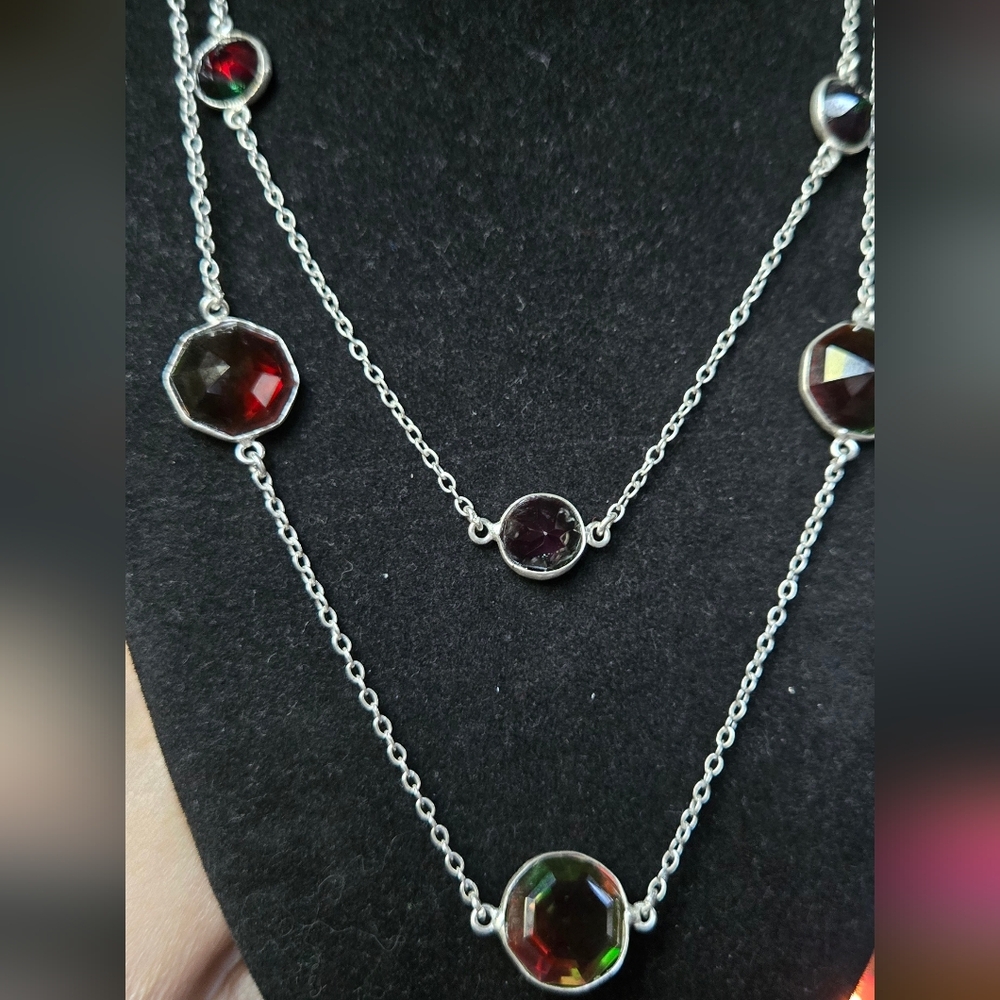 Watermelon tourmaline sterling silver diamond cut station necklace 18" - Picture 4 of 9